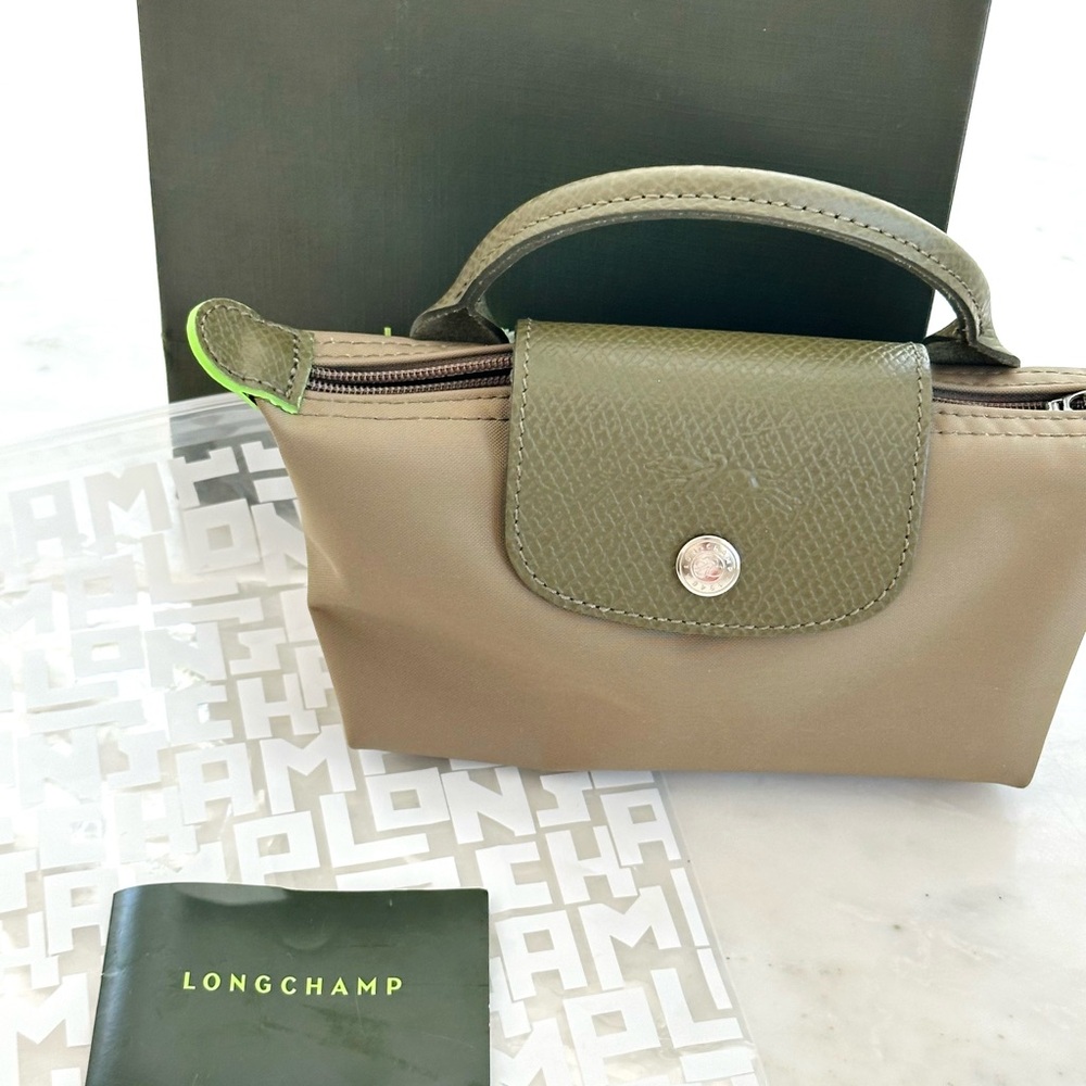 Longchamp Mini Top-Handle Bag in Olive Green with Lime Trim - Picture 3 of 5